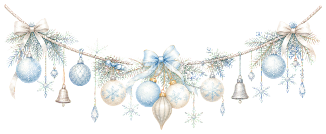 青白銀の上品なクリスマスガーランドイラスト|水彩絵本タッチの無料素材96304
