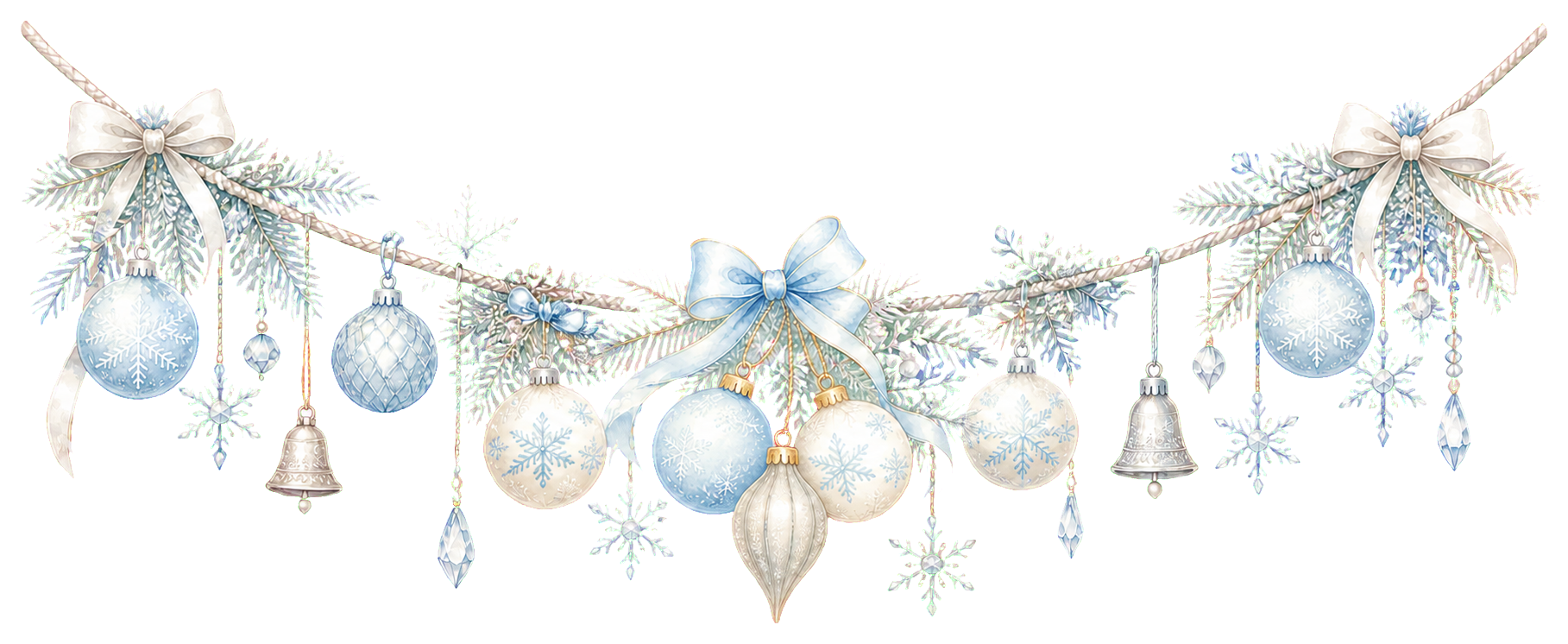 青白銀の上品なクリスマスガーランドイラスト｜水彩絵本タッチの無料素材96304に写真・文字を入れる