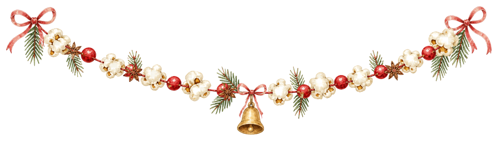ポップコーンと赤い実のクリスマスガーランドイラスト｜水彩絵本タッチの無料素材96305に写真・文字を入れる