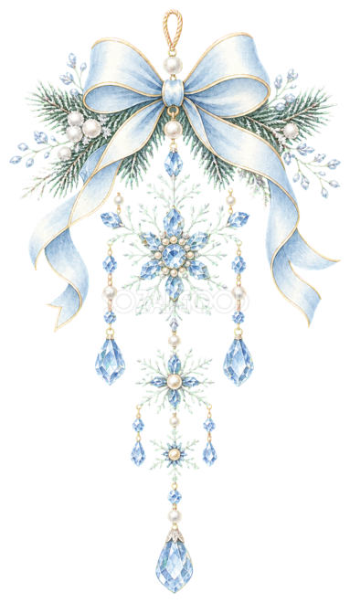 雪の結晶とクリスタルの吊り下げ飾りイラスト|水彩絵本タッチの無料素材96307
