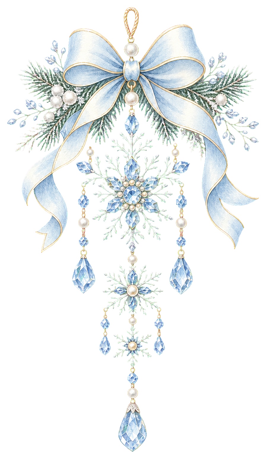 雪の結晶とクリスタルの吊り下げ飾りイラスト｜水彩絵本タッチの無料素材96307に写真・文字を入れる