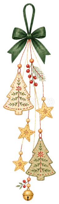 ミニツリーと星のクリスマス吊り下げ飾りイラスト｜水彩絵本タッチの無料素材96310