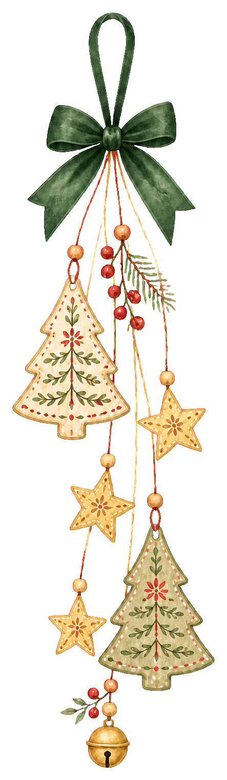 ミニツリーと星のクリスマス吊り下げ飾りイラスト｜水彩絵本タッチの無料素材96310に写真・文字を入れる