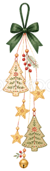 ミニツリーと星のクリスマス吊り下げ飾りイラスト｜水彩絵本タッチの無料素材96310
