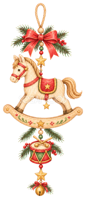 木馬と太鼓の木製クリスマス吊り飾りイラスト|水彩絵本タッチの無料素材96313