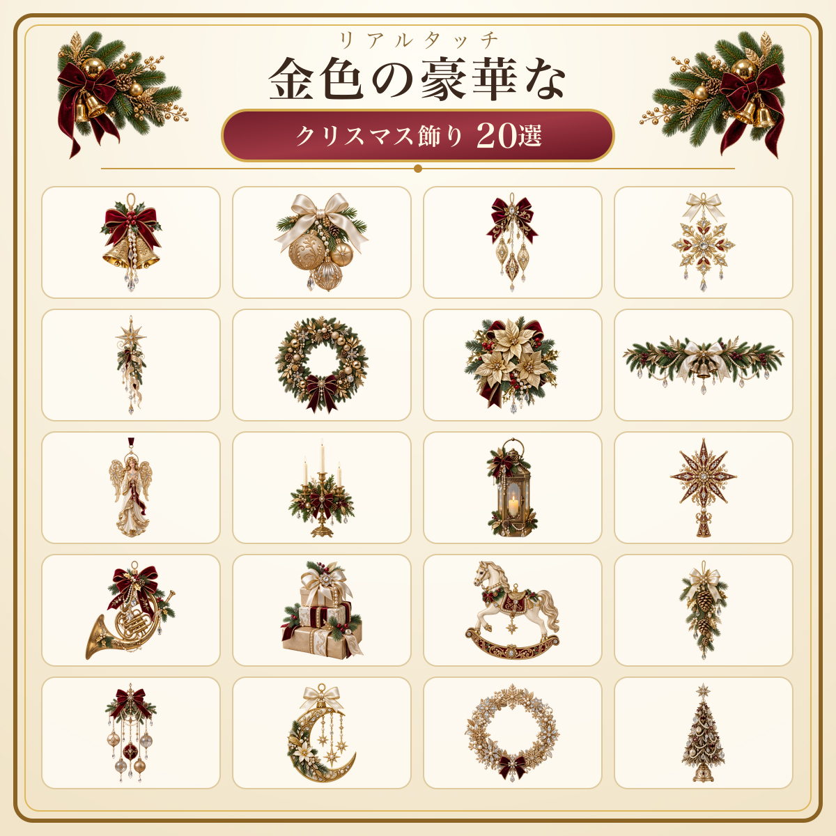 リアルでおしゃれな金色の豪華なクリスマス飾りイラスト20選｜無料素材96314に写真・文字を入れる