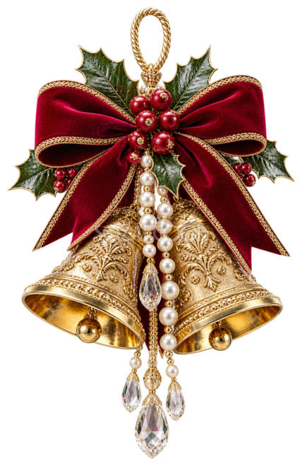 リアルでおしゃれな金色のベルと大きなリボンのクリスマスイラスト|無料素材96315