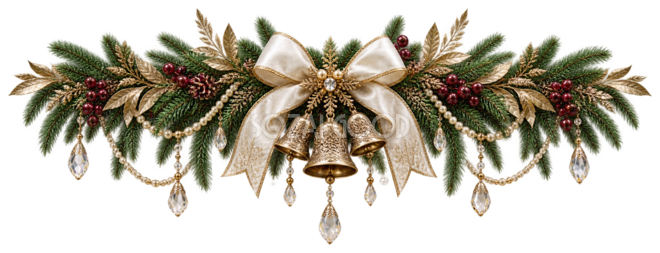 リアルでおしゃれな金色のベルとモミ枝のクリスマスガーランドイラスト｜無料素材96322