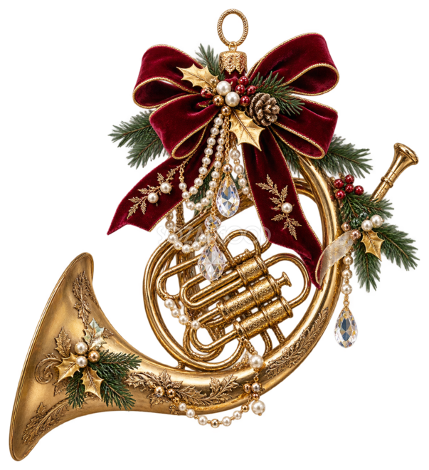 リアルでおしゃれな金色のホルンと赤いリボンのクリスマスイラスト｜無料素材96327
