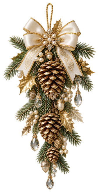 リアルでおしゃれな金色の松ぼっくりと葉の縦長クリスマスイラスト｜無料素材96330