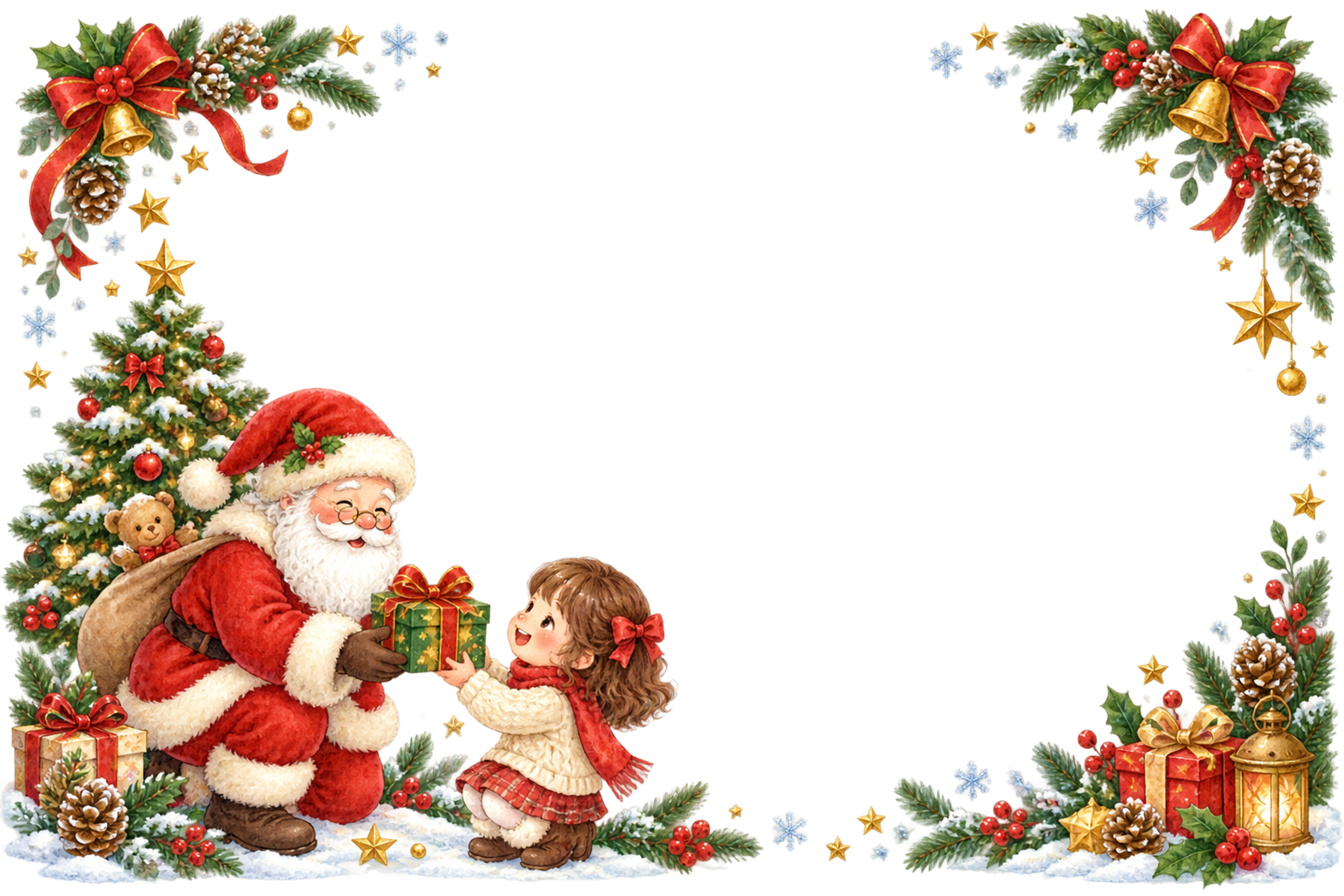 かわいいサンタと女の子のプレゼント｜クリスマスメッセージカード・フレーム無料イラスト96336に写真・文字を入れる