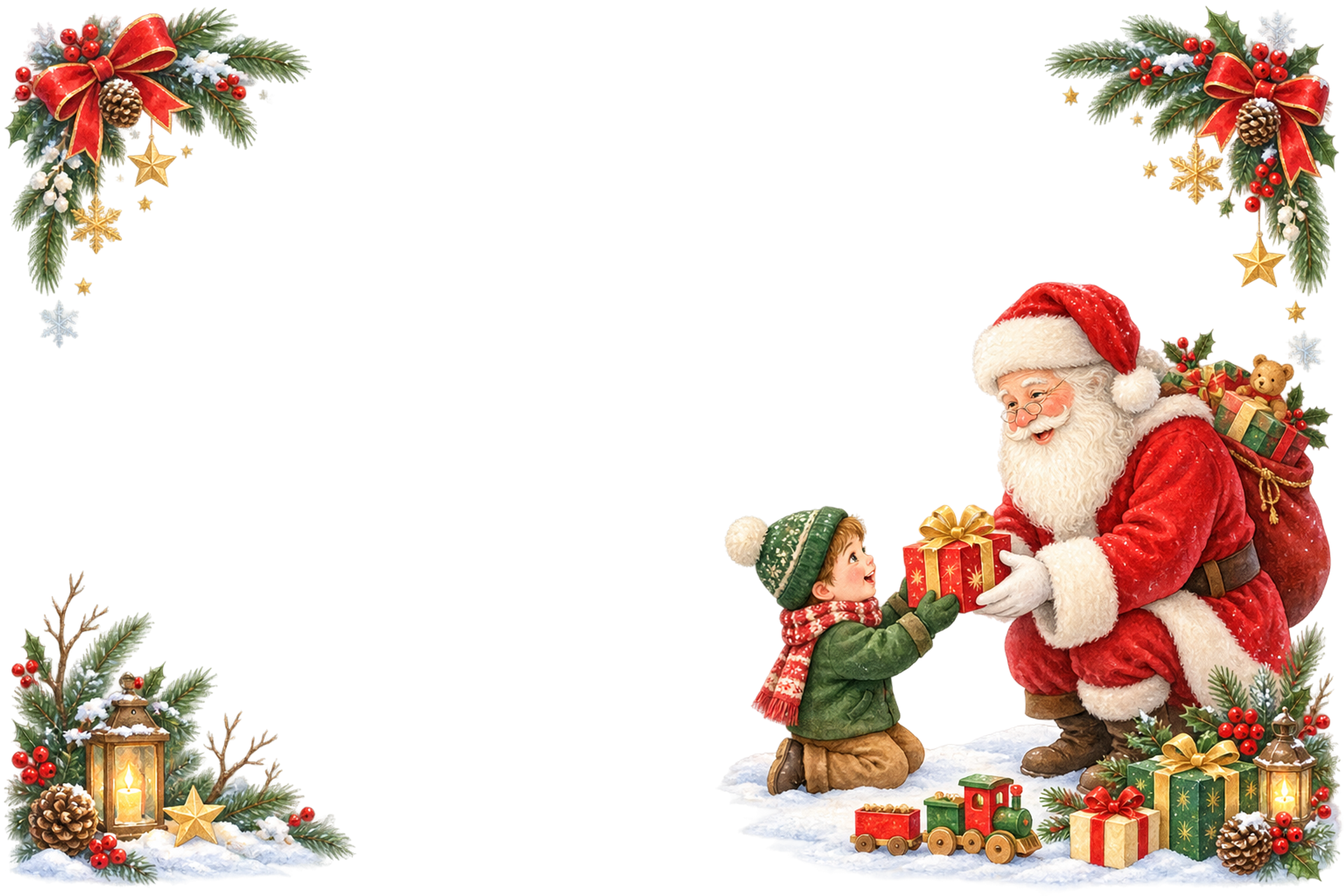 かわいいサンタと男の子のプレゼント｜クリスマスメッセージカード・フレーム無料イラスト96337に写真・文字を入れる