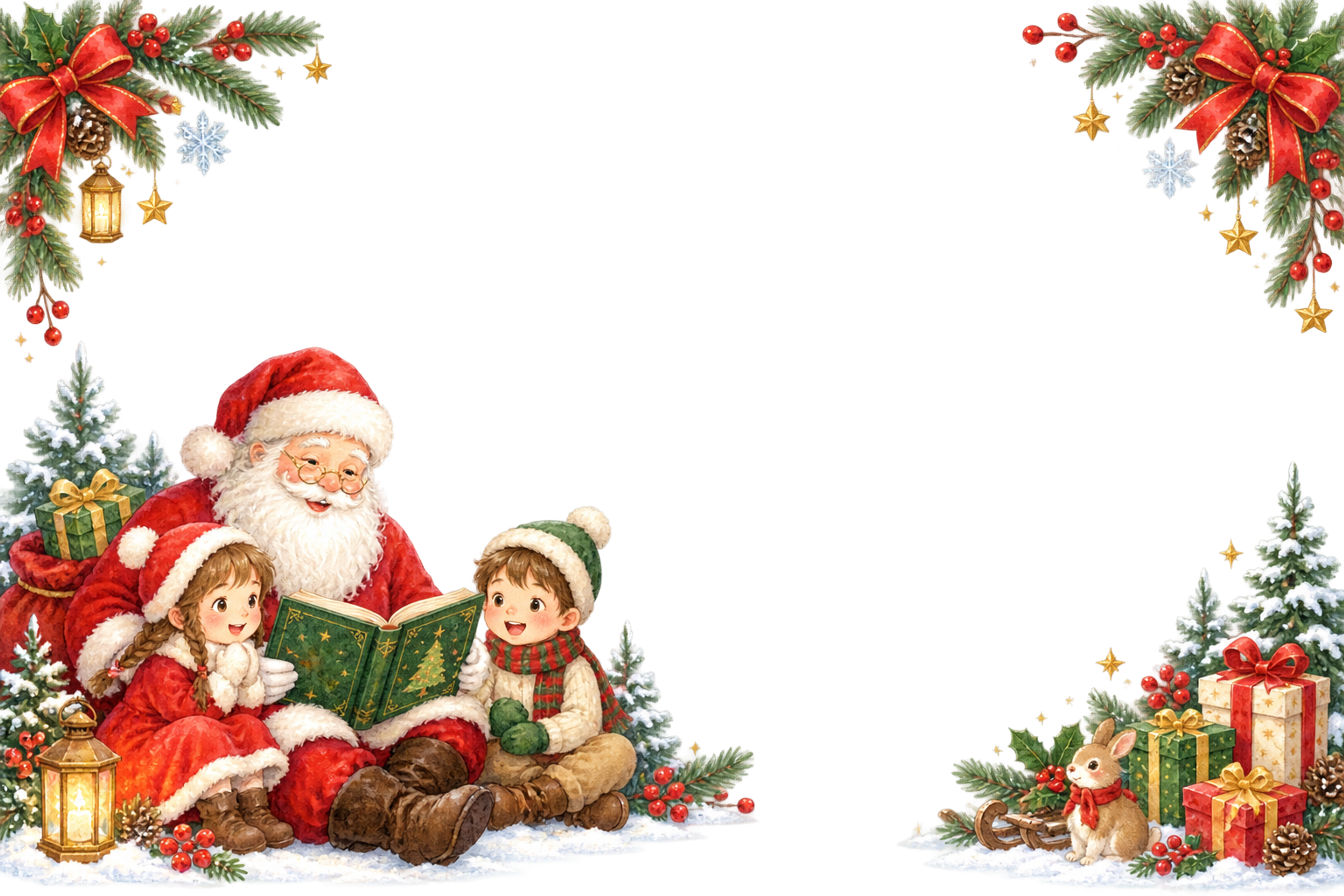 かわいいサンタが絵本を読むクリスマスメッセージカード・フレーム｜無料イラスト96338に写真・文字を入れる