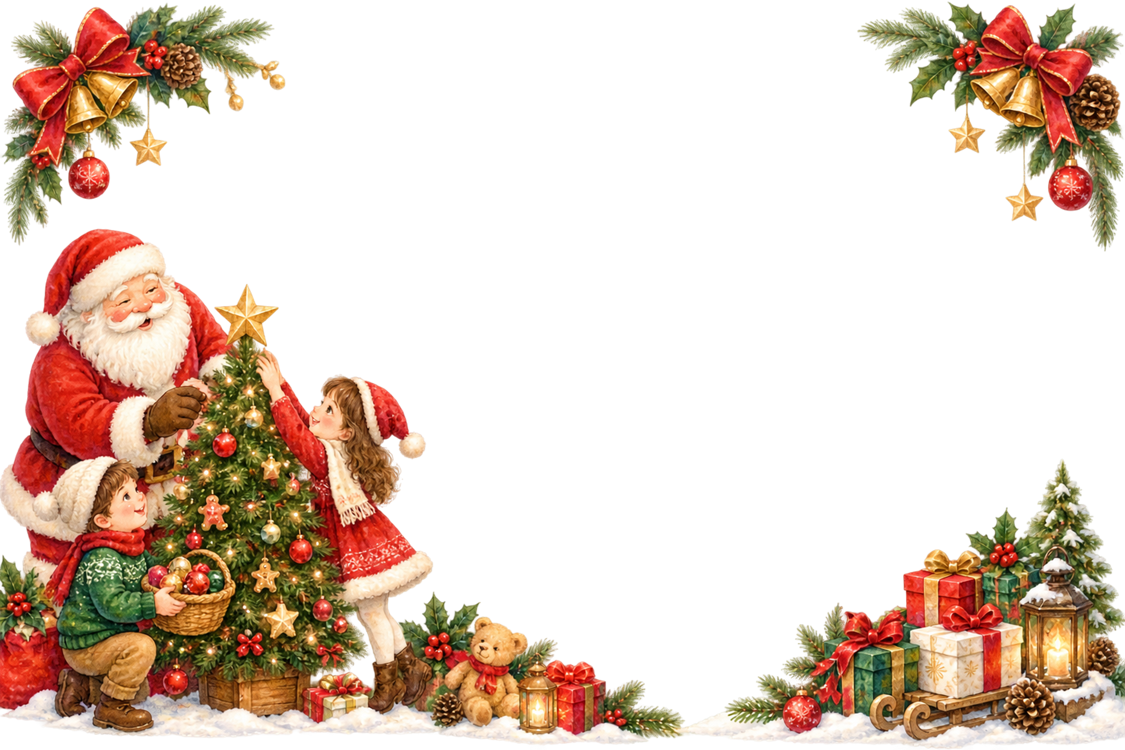 かわいいサンタと子どものツリー飾り｜クリスマスメッセージカード・フレーム無料イラスト96339に写真・文字を入れる