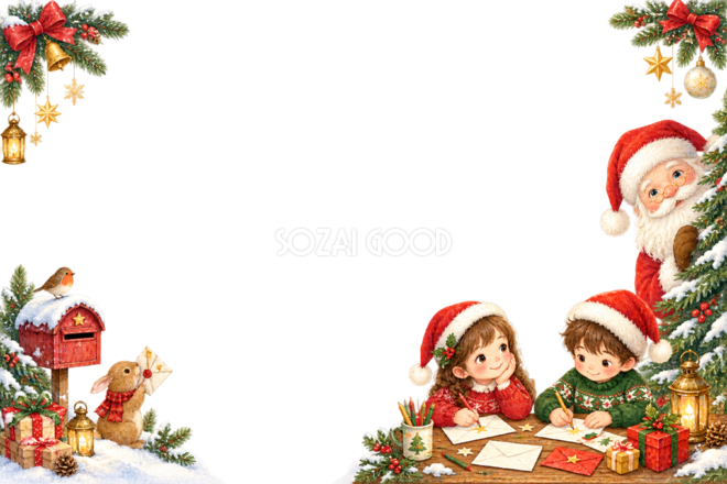 サンタへ手紙を書くかわいい子どものクリスマスメッセージカード・フレーム｜無料イラスト96340