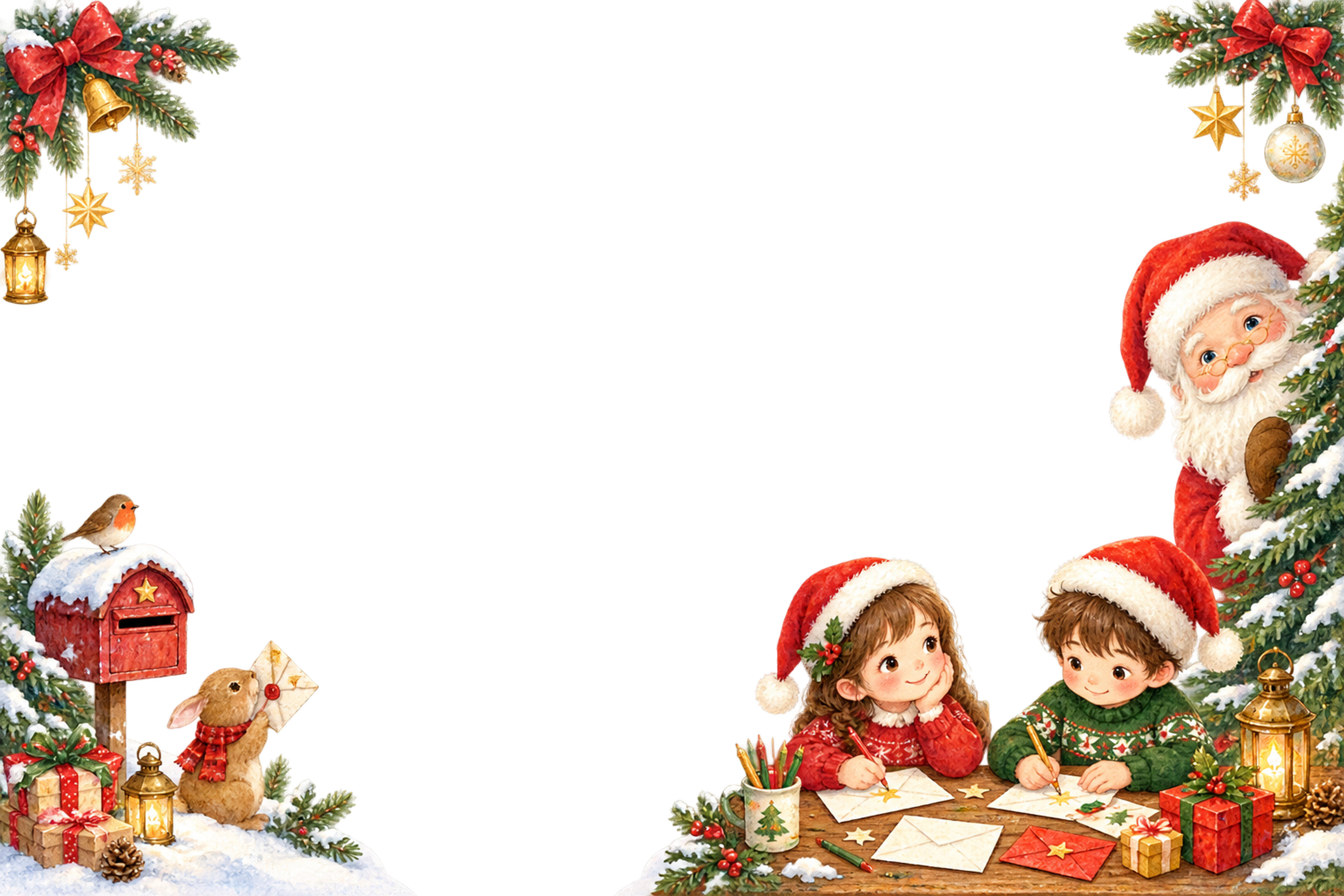 サンタへ手紙を書くかわいい子どものクリスマスメッセージカード・フレーム｜無料イラスト96340に写真・文字を入れる