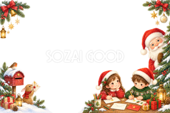 サンタへ手紙を書くかわいい子どものクリスマスメッセージカード・フレーム｜無料イラスト96340