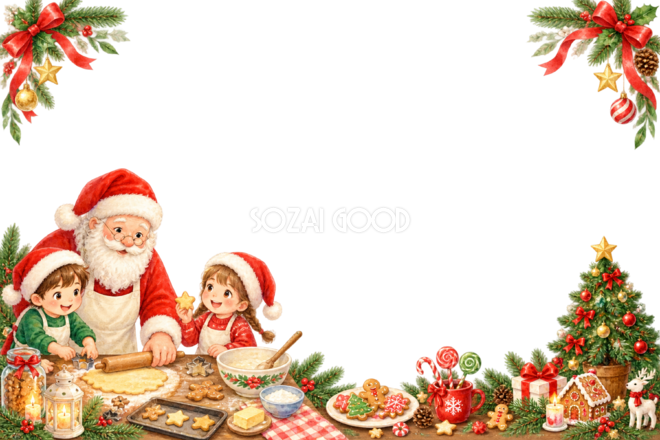 かわいいサンタと子どものクッキー作り|クリスマスメッセージカード・フレーム無料イラスト96341