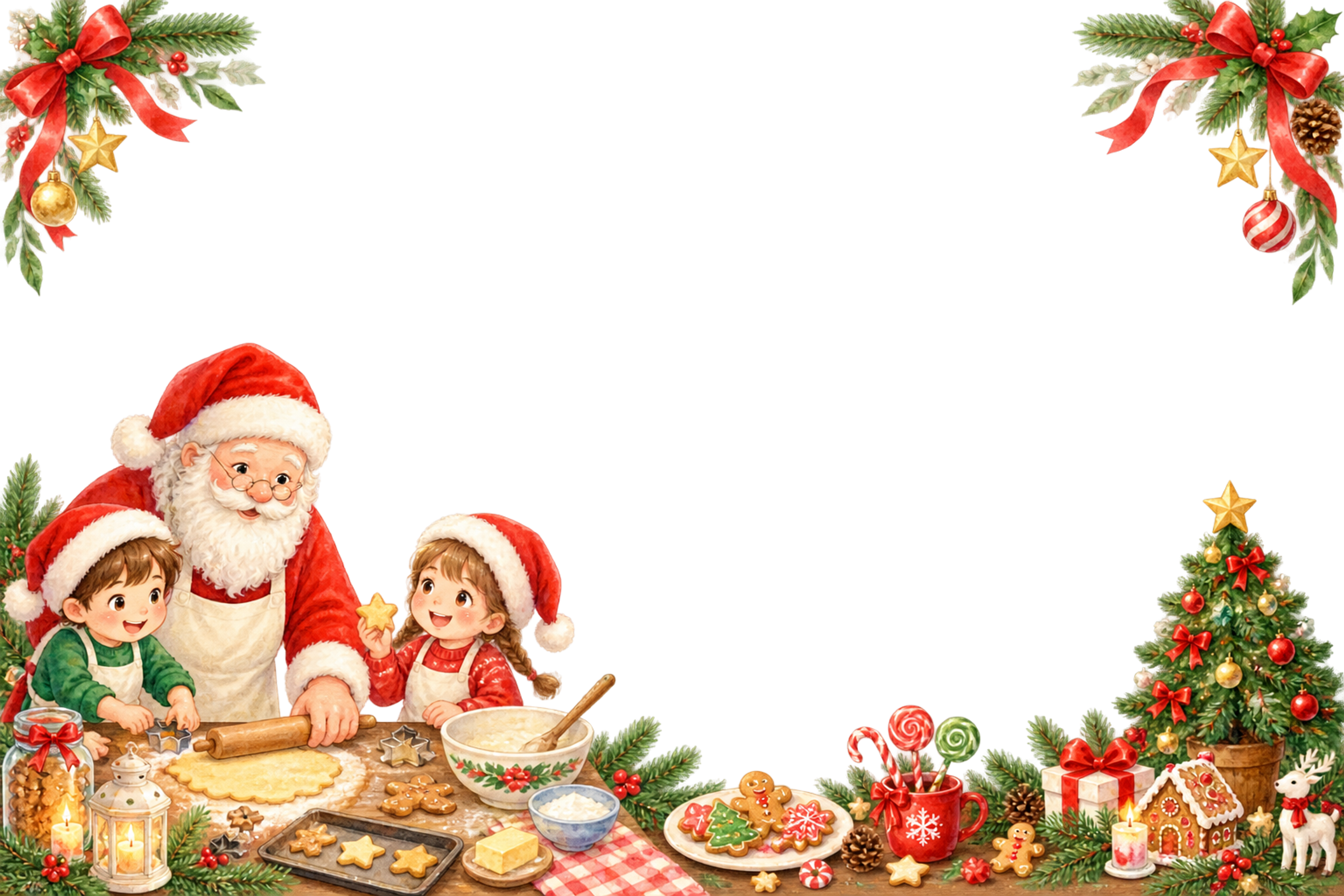 かわいいサンタと子どものクッキー作り｜クリスマスメッセージカード・フレーム無料イラスト96341に写真・文字を入れる