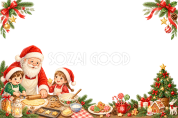 かわいいサンタと子どものクッキー作り｜クリスマスメッセージカード・フレーム無料イラスト96341