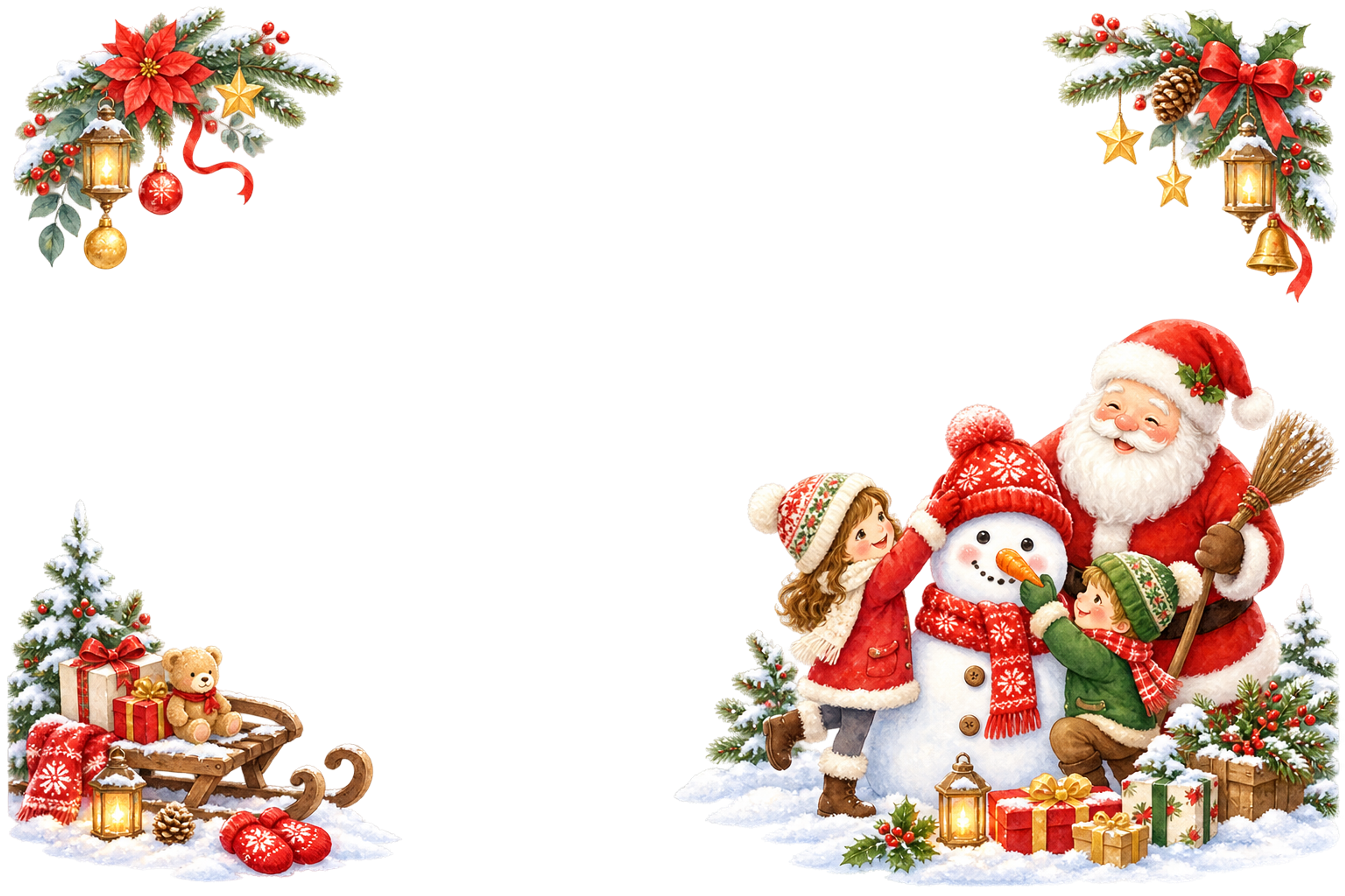かわいいサンタと子どもの雪だるま｜クリスマスメッセージカード・フレーム無料イラスト96342に写真・文字を入れる