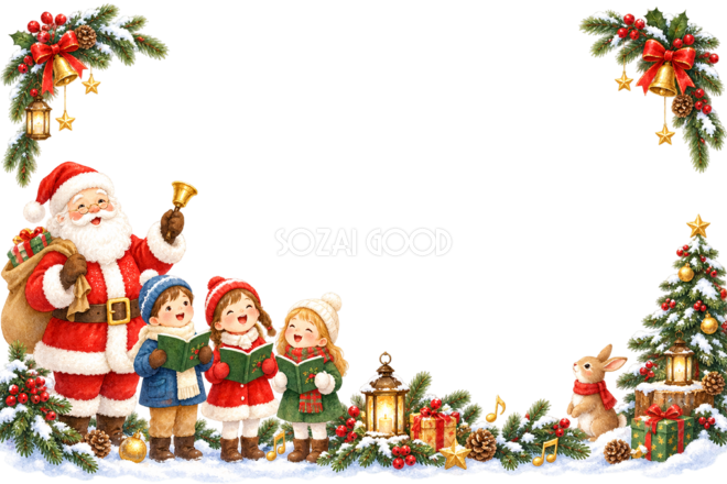 かわいいサンタと子どものクリスマスソング|メッセージカード・フレーム無料イラスト96343