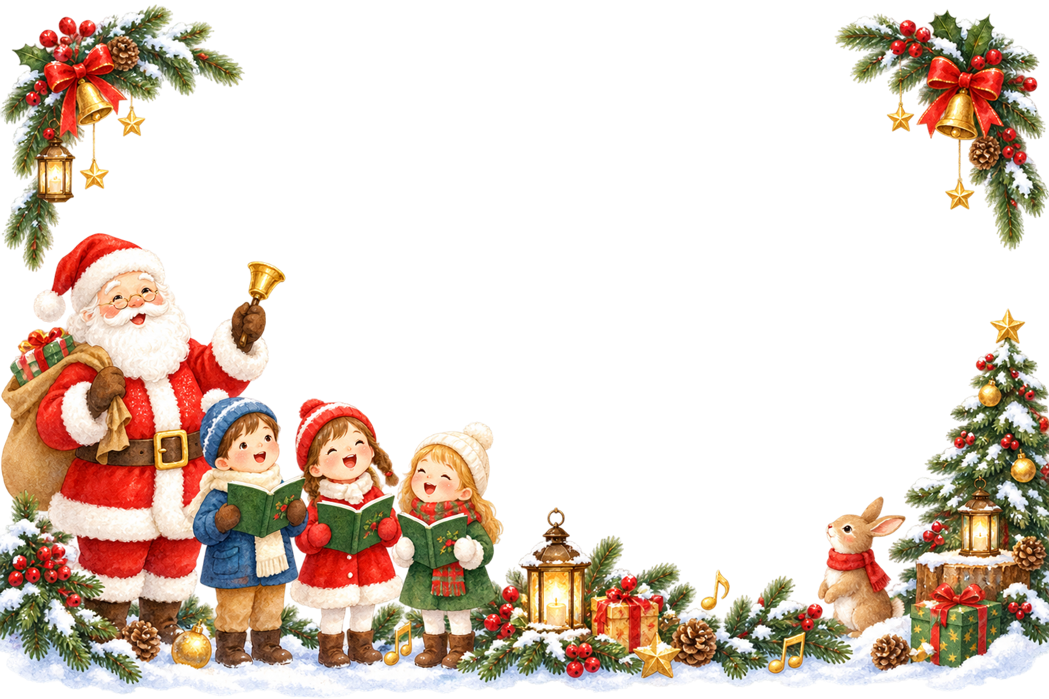 かわいいサンタと子どものクリスマスソング｜メッセージカード・フレーム無料イラスト96343に写真・文字を入れる