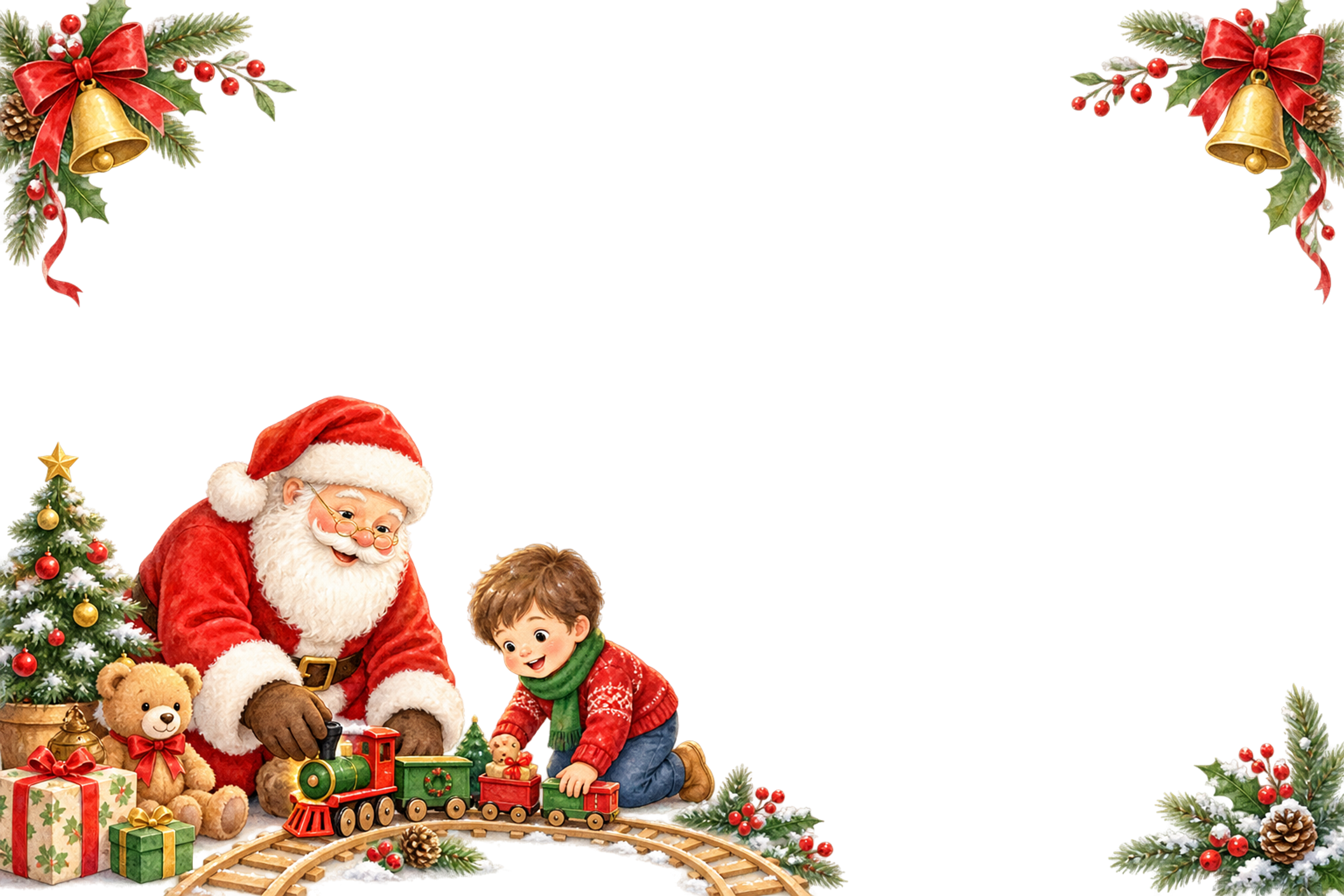 かわいいサンタと男の子のおもちゃの汽車｜クリスマスメッセージカード・フレーム無料イラスト96345に写真・文字を入れる