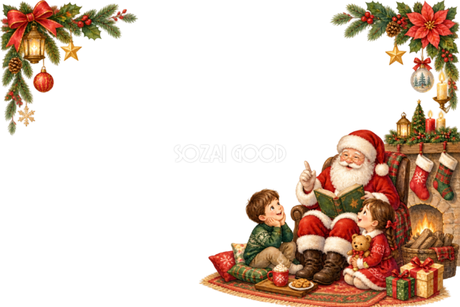 暖炉を囲むかわいいサンタと子どものクリスマスメッセージカード・フレーム|無料イラスト96346