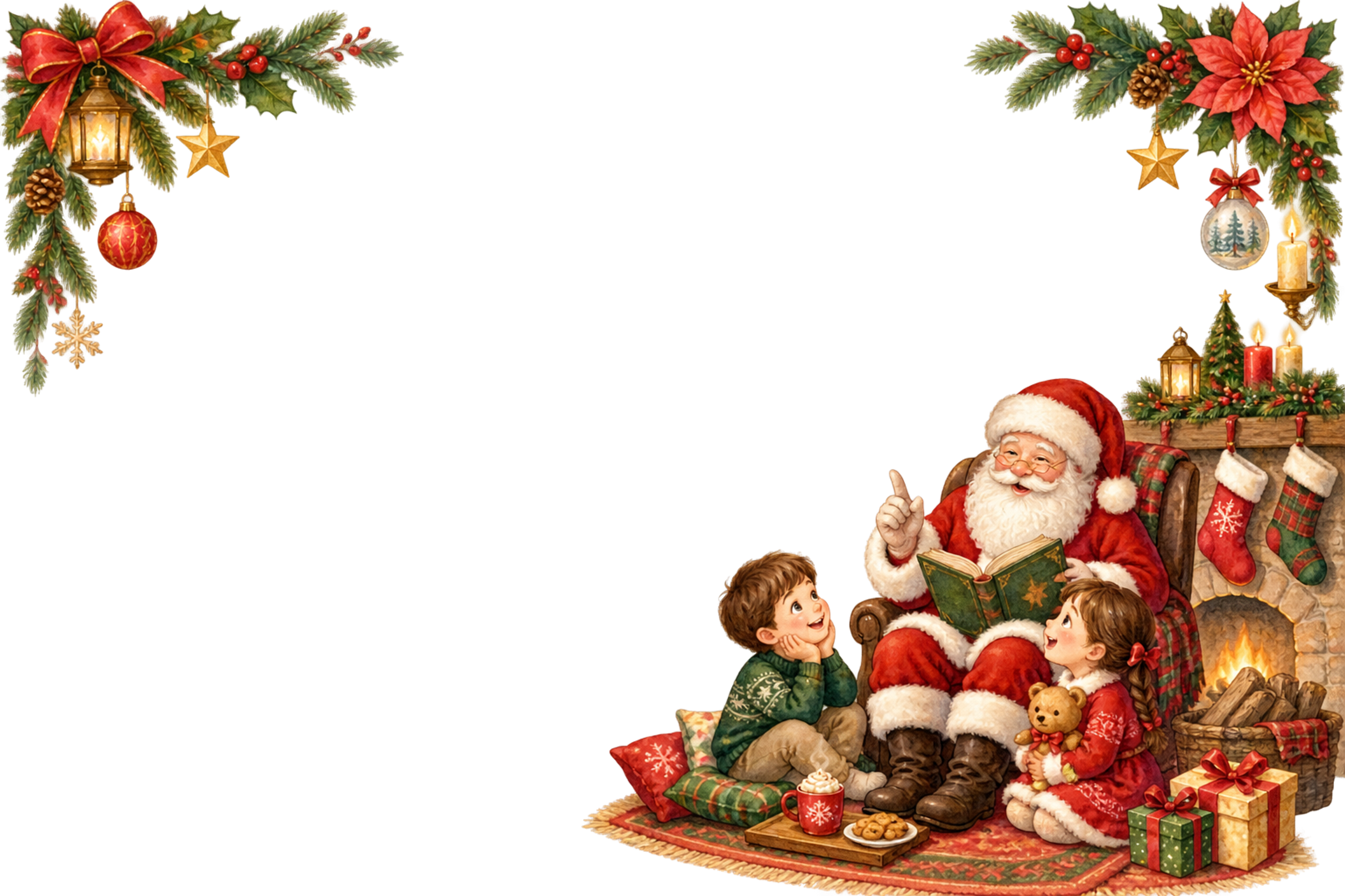 暖炉を囲むかわいいサンタと子どものクリスマスメッセージカード・フレーム｜無料イラスト96346に写真・文字を入れる