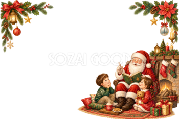 暖炉を囲むかわいいサンタと子どものクリスマスメッセージカード・フレーム｜無料イラスト96346