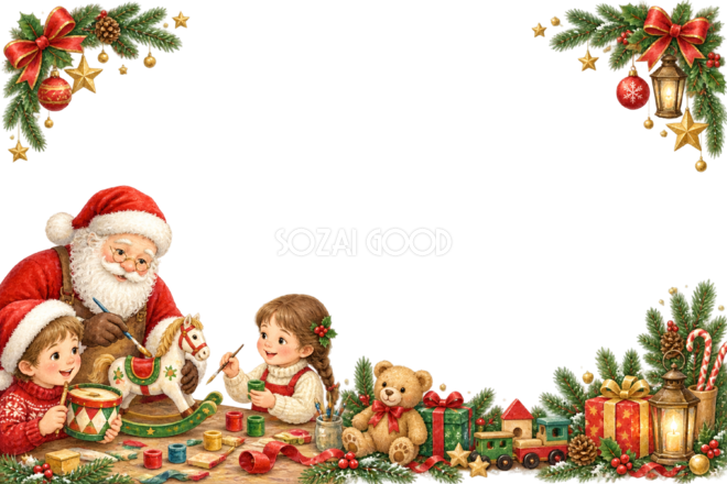 かわいいサンタと子どものおもちゃ作り|クリスマスメッセージカード・フレーム無料イラスト96347