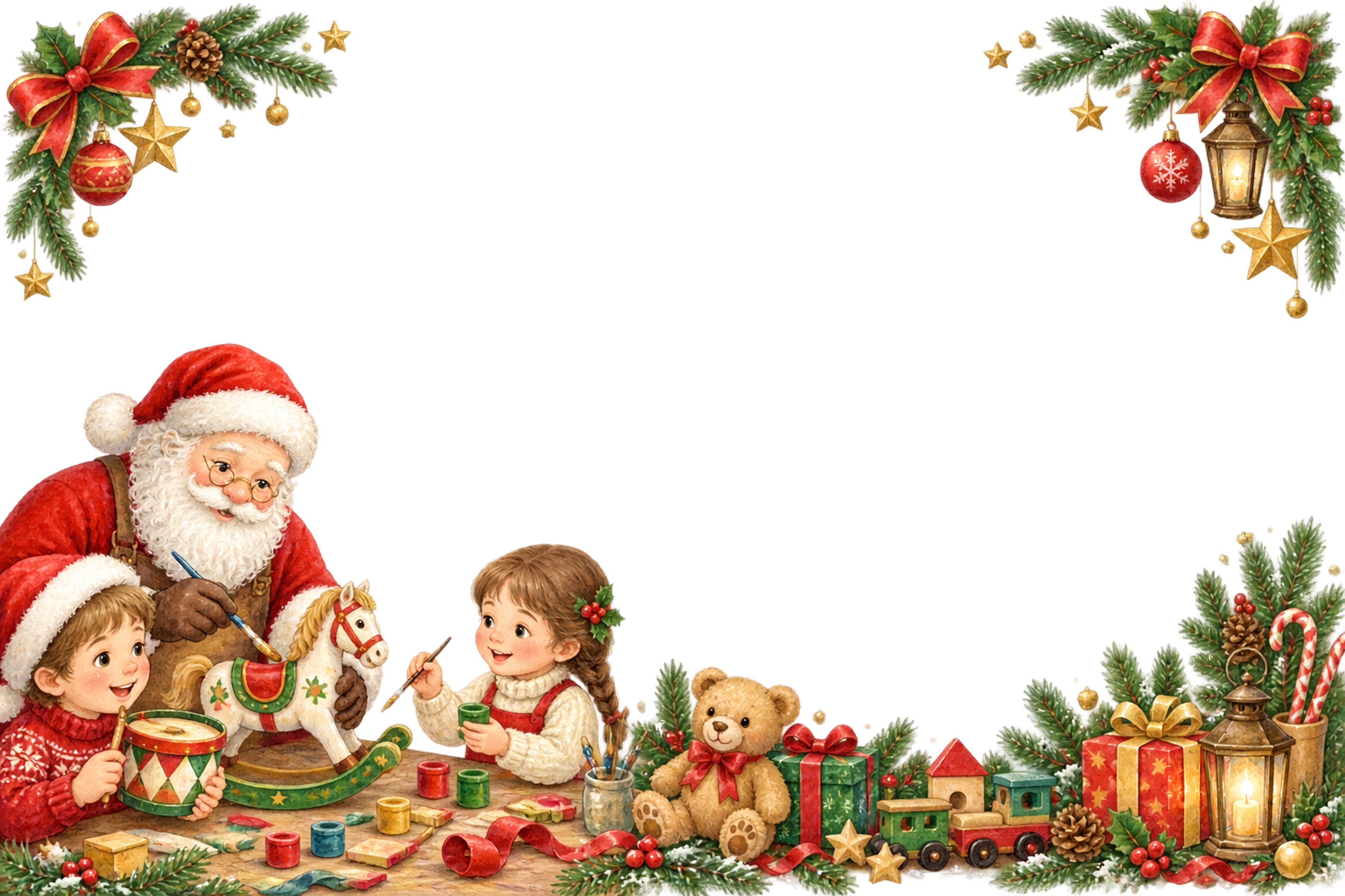 かわいいサンタと子どものおもちゃ作り｜クリスマスメッセージカード・フレーム無料イラスト96347に写真・文字を入れる