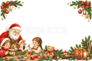 かわいいサンタと子どものおもちゃ作り｜クリスマスメッセージカード・フレーム無料イラスト96347