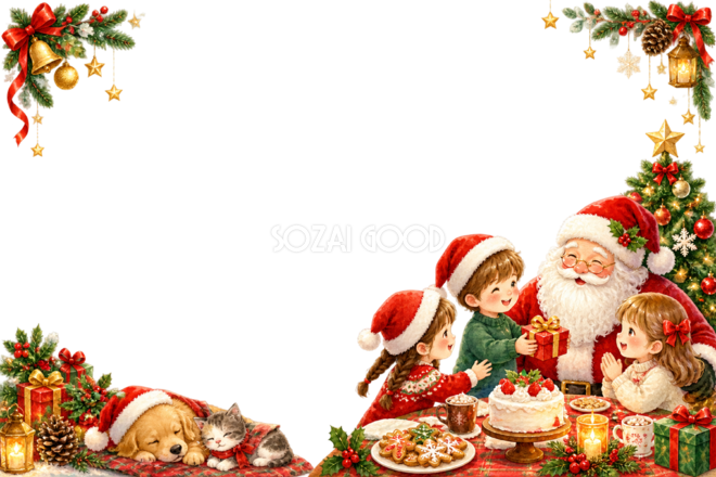 かわいいサンタと子どものクリスマスパーティー|メッセージカード・フレーム無料イラスト96348