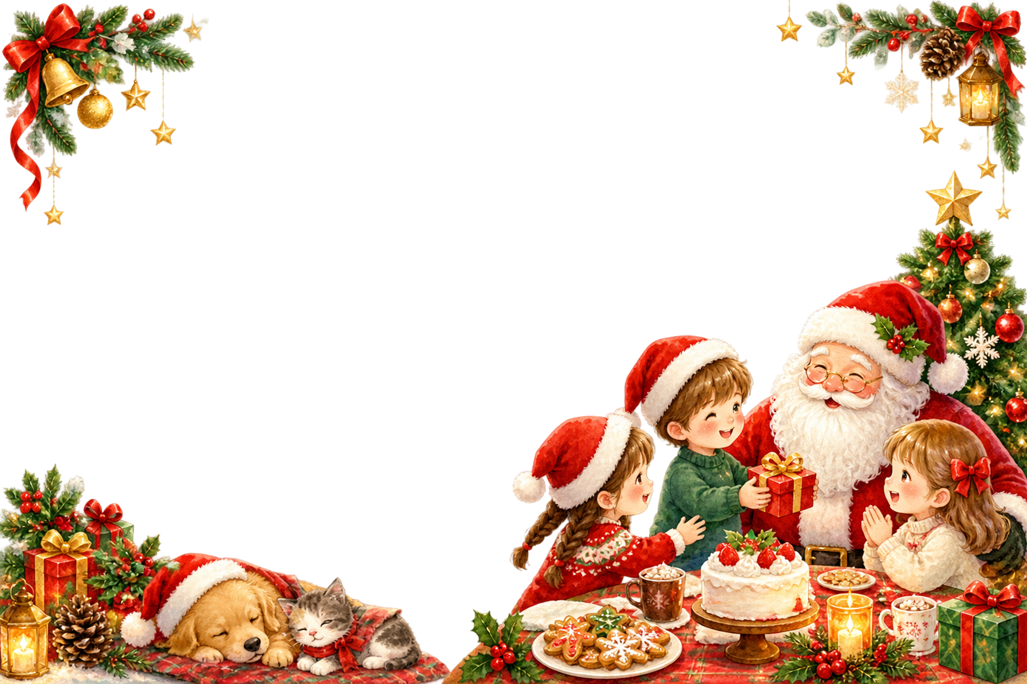 かわいいサンタと子どものクリスマスパーティー｜メッセージカード・フレーム無料イラスト96348に写真・文字を入れる