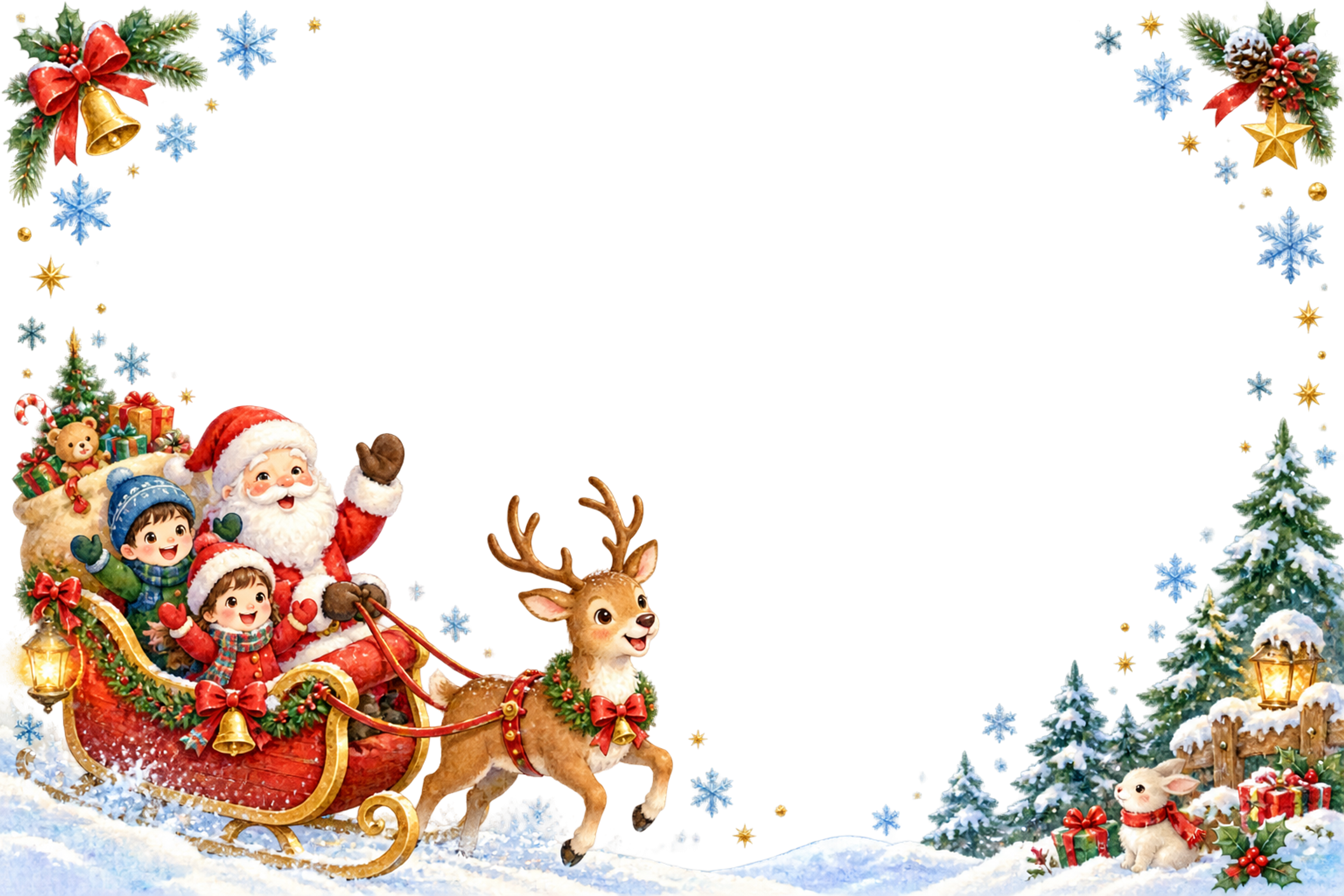 そりに乗るかわいいサンタと子どものクリスマスメッセージカード・フレーム｜無料イラスト96349に写真・文字を入れる