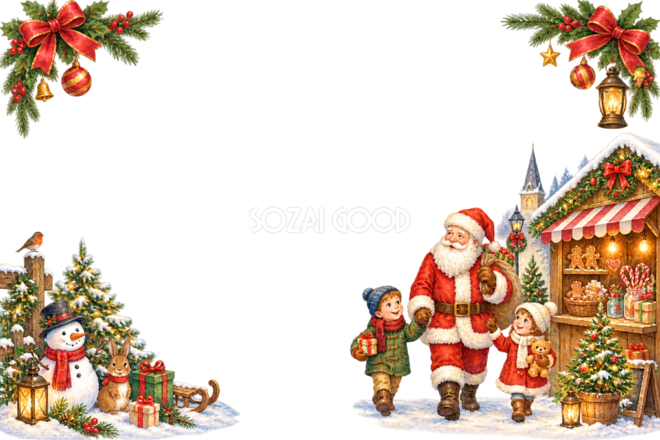 かわいいサンタと子どものクリスマスマーケット|メッセージカード・フレーム無料イラスト96350