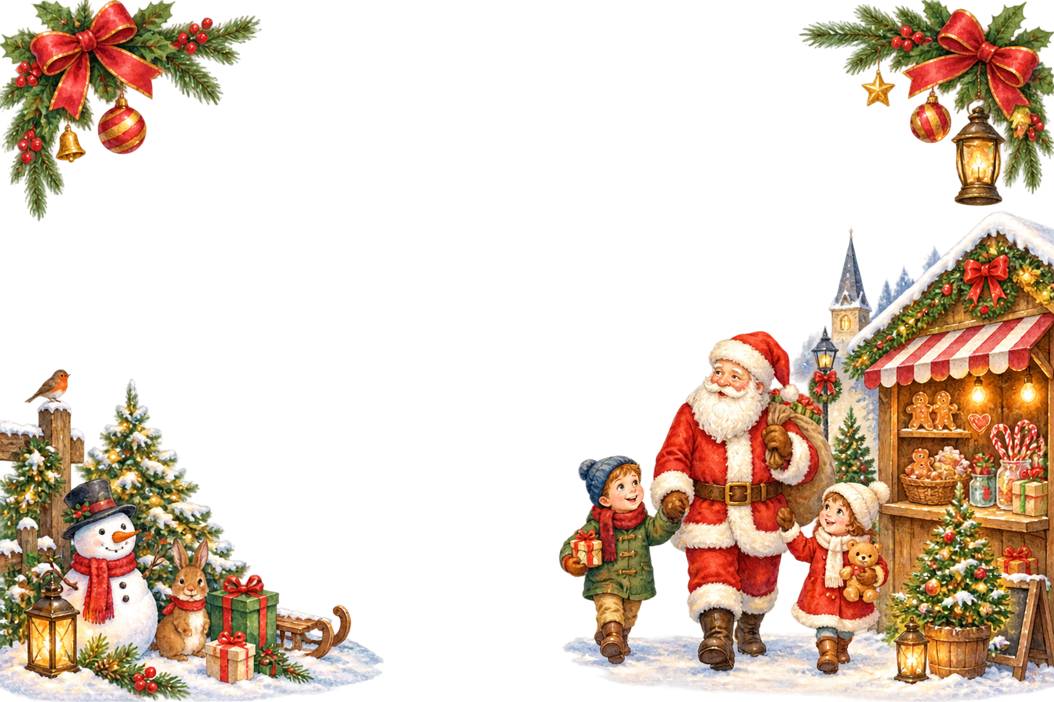 かわいいサンタと子どものクリスマスマーケット｜メッセージカード・フレーム無料イラスト96350に写真・文字を入れる