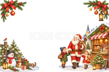 かわいいサンタと子どものクリスマスマーケット｜メッセージカード・フレーム無料イラスト96350