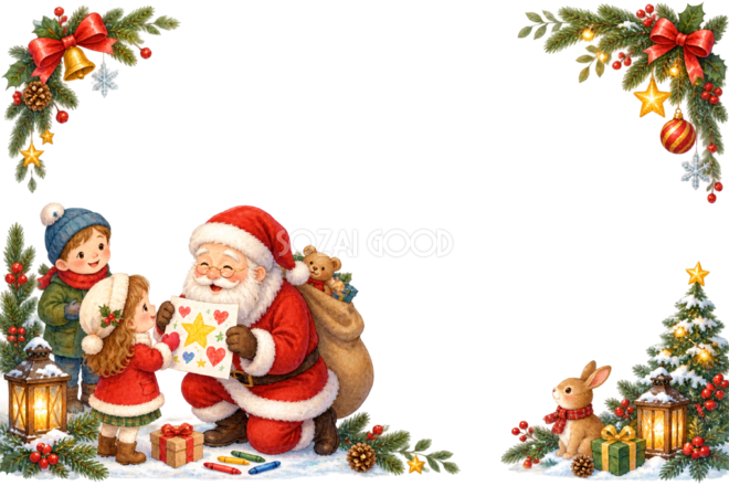 サンタへ絵を贈るかわいい子どものクリスマスメッセージカード・フレーム|無料イラスト96351