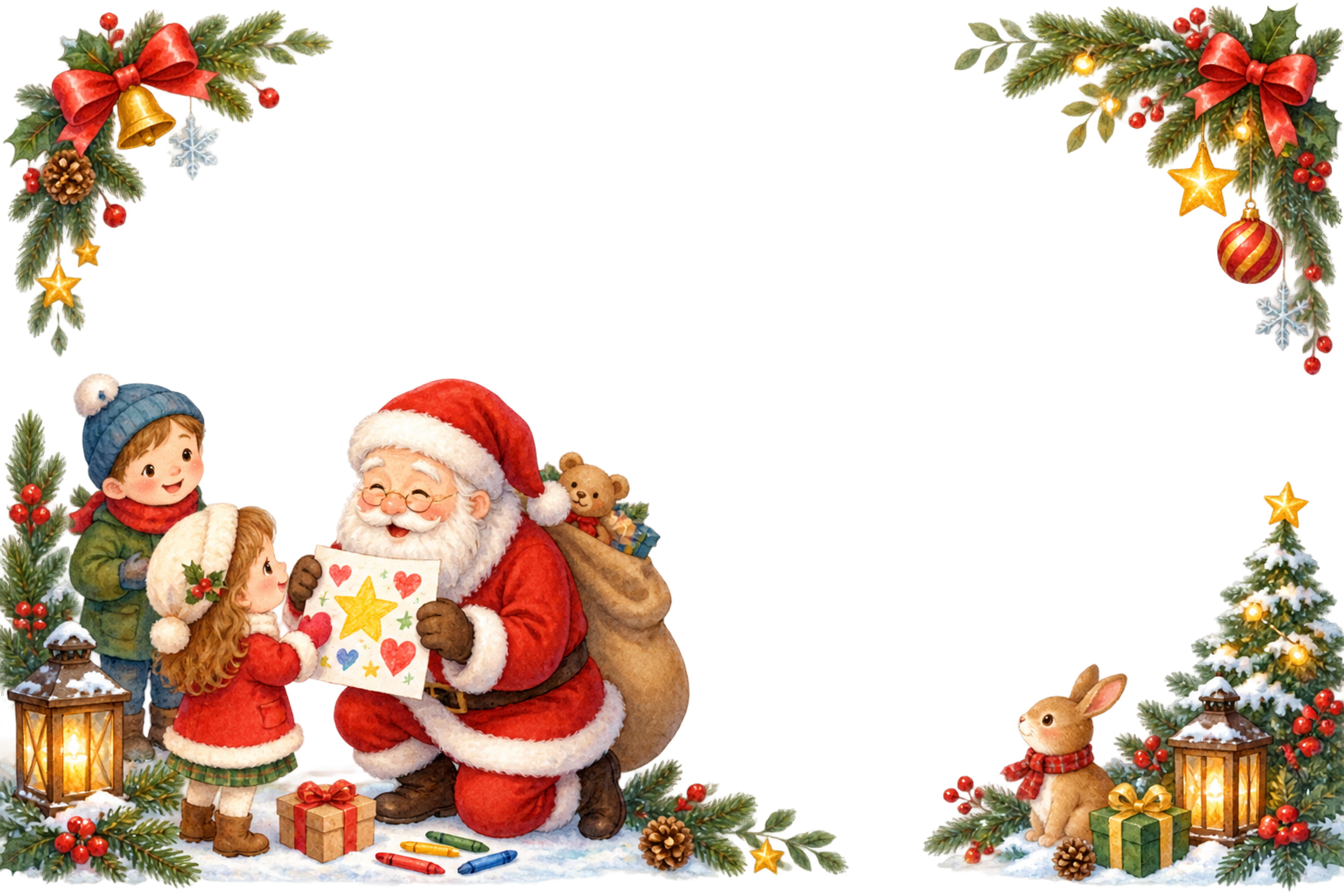 サンタへ絵を贈るかわいい子どものクリスマスメッセージカード・フレーム｜無料イラスト96351に写真・文字を入れる