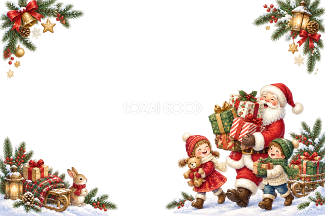 プレゼントを運ぶかわいいサンタと子どものクリスマスメッセージカード・フレーム｜無料イラスト96352