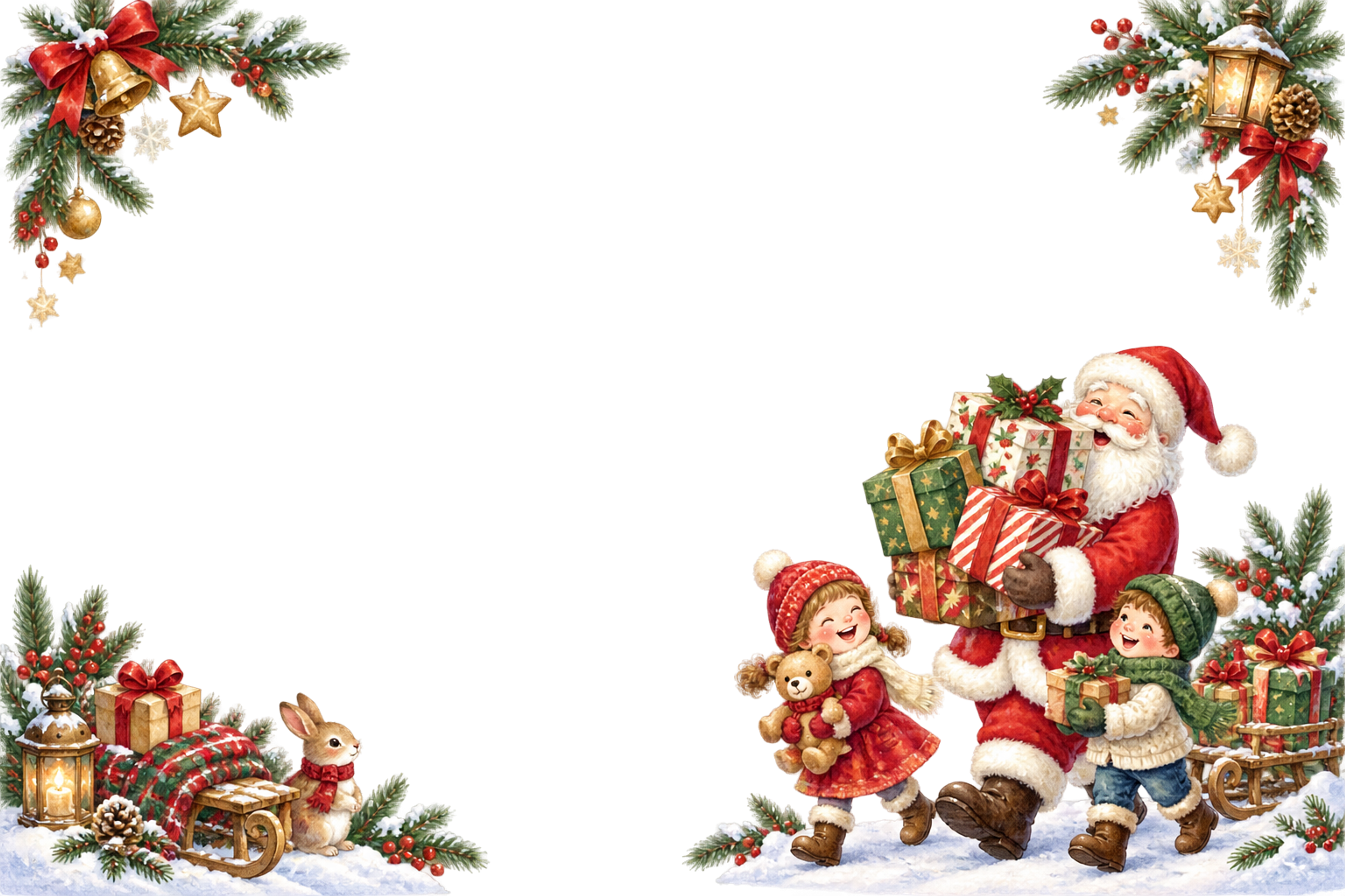 プレゼントを運ぶかわいいサンタと子どものクリスマスメッセージカード・フレーム｜無料イラスト96352に写真・文字を入れる
