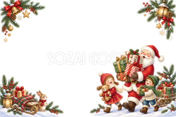 プレゼントを運ぶかわいいサンタと子どものクリスマスメッセージカード・フレーム｜無料イラスト96352