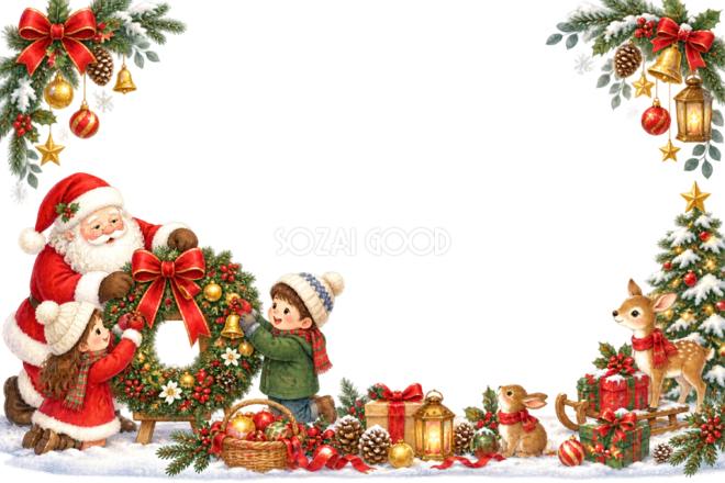 リースを飾るかわいいサンタと子どものクリスマスメッセージカード・フレーム|無料イラスト96353