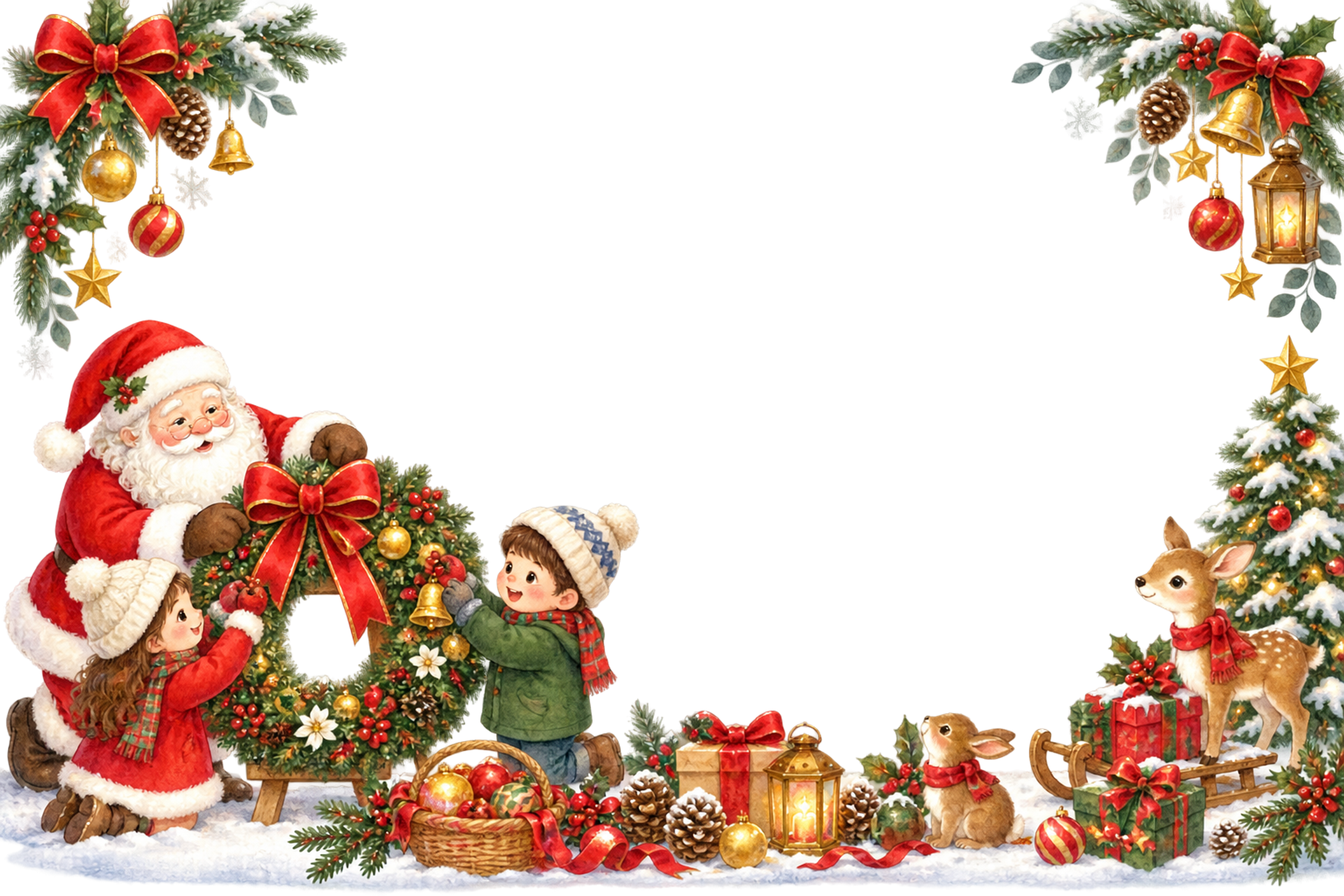 リースを飾るかわいいサンタと子どものクリスマスメッセージカード・フレーム｜無料イラスト96353に写真・文字を入れる