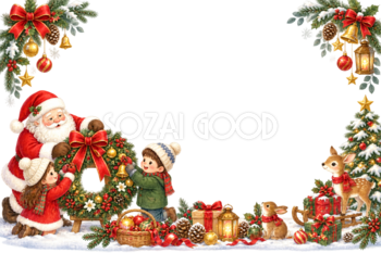 リースを飾るかわいいサンタと子どものクリスマスメッセージカード・フレーム｜無料イラスト96353