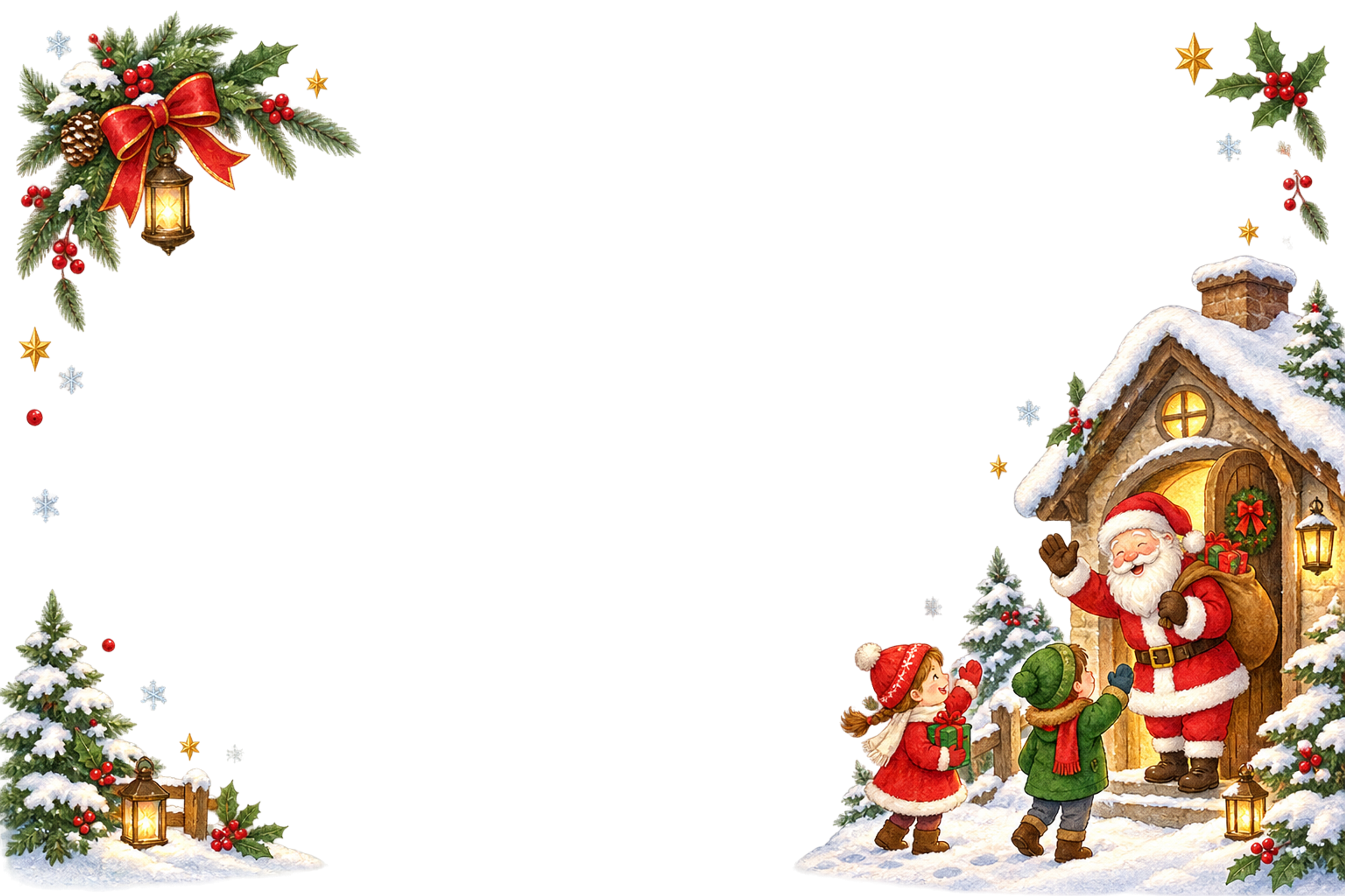 玄関で手を振るかわいいサンタと子どものクリスマスメッセージカード・フレーム｜無料イラスト96354に写真・文字を入れる