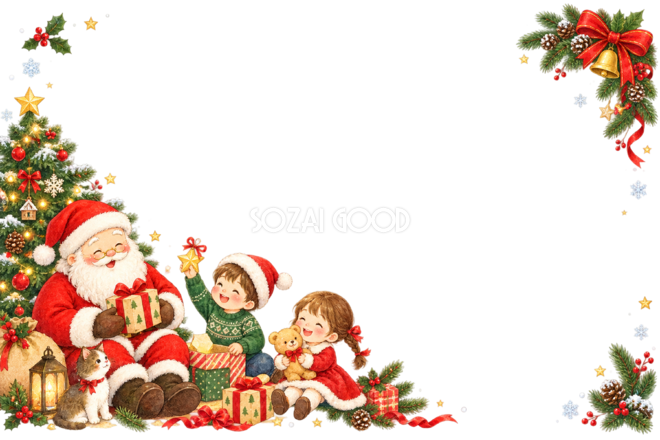 クリスマスの朝を楽しむかわいいサンタと子どものメッセージカード・フレーム|無料イラスト96355